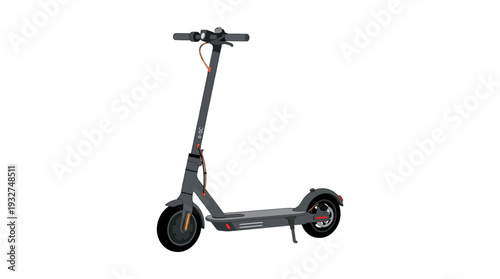 Modern electric scooter with grey frame and black wheels on white background
