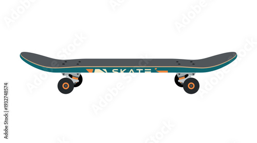 Modern Skateboard with Teal and Orange Graphics on White Background