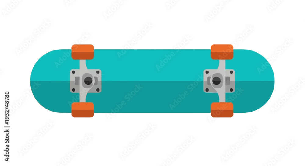 Fototapeta premium Turquoise skateboard with orange wheels, flat design, isolated on white background