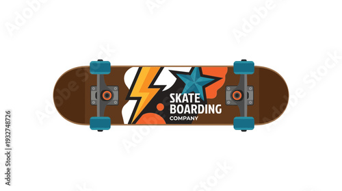Skateboard with lightning bolt and star graphic, isolated on white
