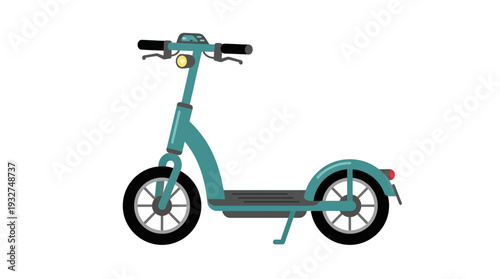 Teal electric scooter with headlight and taillight, isolated on white background