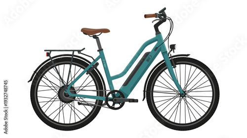 Teal electric bicycle with brown saddle and handlebars, studio shot