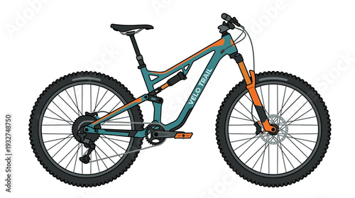Teal and orange full suspension mountain bike, isolated on white background