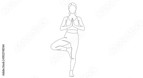Line art illustration of a woman performing the tree pose yoga asana