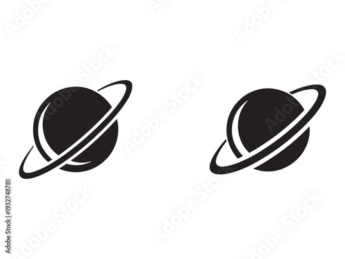 Two black planet icons with rings orbiting around them isolated on white background  simple astronomy symbols
