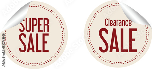 Two red and white sale stickers on a plain background