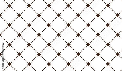 Brown diamond grid seamless pattern on white background with dotted lines creating geometric lattice texture for decorative wrapping paper or fabric textile vector design