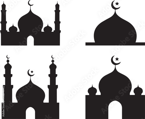 Four different mosque silhouettes with domes and minarets