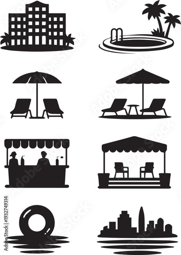 Icons representing various vacation and travel related concepts


