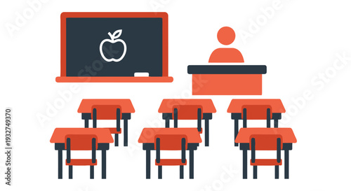 Simple illustration of a classroom with a chalkboard desks and a teacher