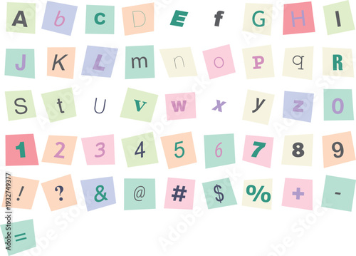 Pastel alphabet letters and numbers on paper notes vector illustration isolated on transparent background
