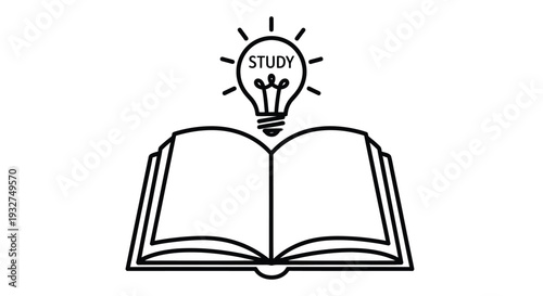 Open book with a lightbulb emitting rays symbolizing studying and knowledge