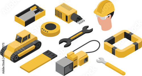 Isometric construction equipment and safety gear set, bulldozer, tools, hard hat and industrial machinery illustration