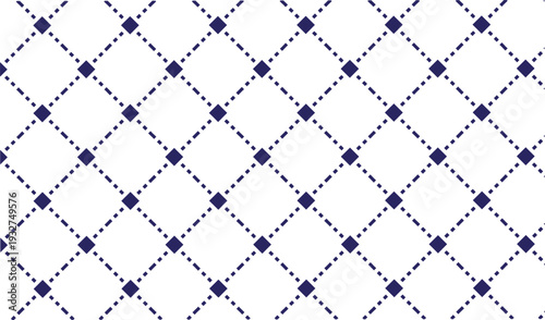 Blue diamond grid seamless pattern on grey background with dotted lines creating geometric lattice texture for decorative wrapping paper or fabric textile vector design