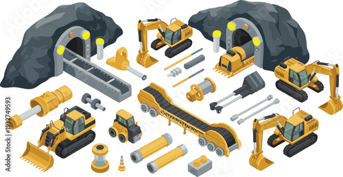 Isometric construction and mining equipment set, excavators, tunnel boring machines and conveyor system industrial illustration collection