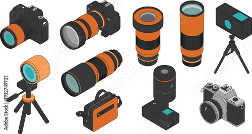 Isometric photography equipment set, DSLR cameras, telephoto lenses and professional camera accessories collection illustration isolated