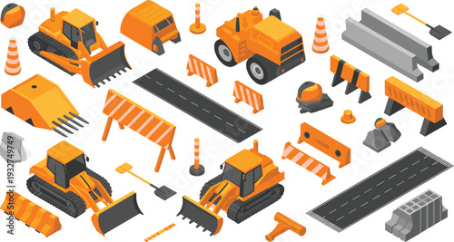Isometric road construction equipment set, bulldozers, barriers, traffic cones and asphalt machinery illustration collection
