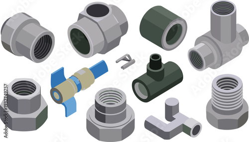 Isometric plumbing pipe fittings set, 3D threaded connectors, valves and PVC pipe joints isolated on white background