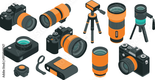 Isometric photography camera and lens set, DSLR, mirrorless cameras with telephoto lenses and tripod accessories illustration