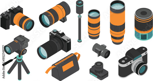 Isometric photography camera gear set, DSLR and mirrorless cameras with telephoto lenses, tripods and accessories collection