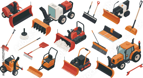Isometric snow removal equipment set, winter snowplow machines, snow blower, shovel and rake tools collection illustration isolated