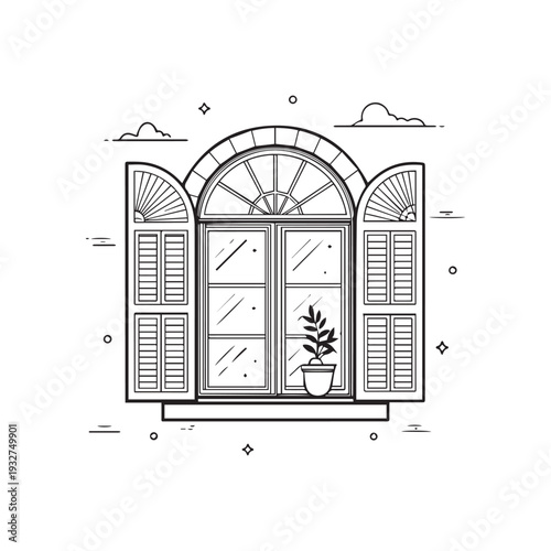  Classic Arched Window With Open Shutters And Potted Plant Minimalist Line Art.