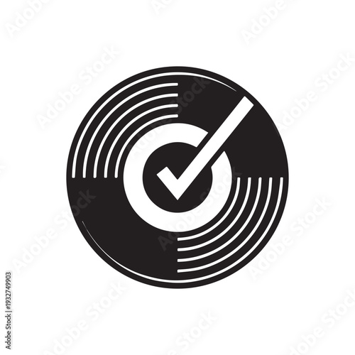 Abstract Circular Vinyl Record Disk With Success Checkmark Icon For Music Industry Branding.