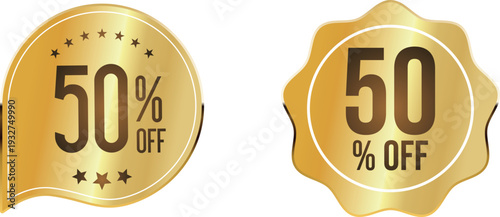 Golden discount labels with 50 percent off text