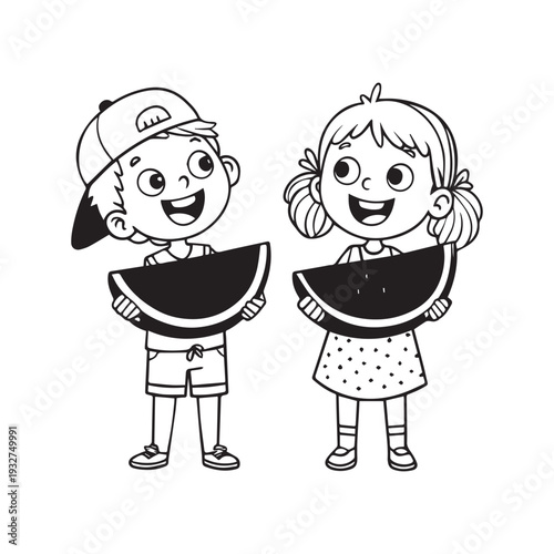  Cute Cartoon Children Holding Watermelon Slices Summer Fruit Picnic Vector Coloring Page. 