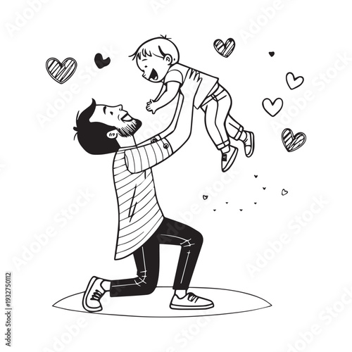 Father Lifting Happy Toddler In Air Silhouette Love Concept Vector Outline Illustration.