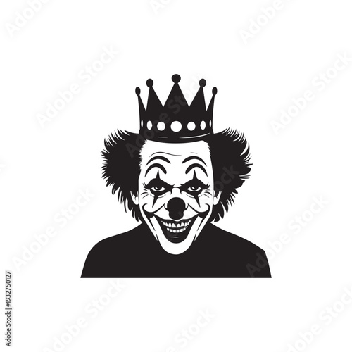 Evil Gothic Clown King Wearing a Royal Crown Silhouette Vector Graphic Illustration. 