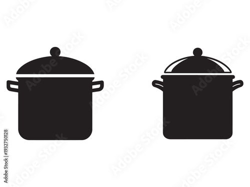 Two black silhouettes of covered pots with handles on a white background for cooking and kitchen design