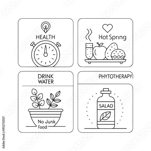 Modern Minimalist Health and Wellness Line Icon Set for Natural Lifestyle Branding. 