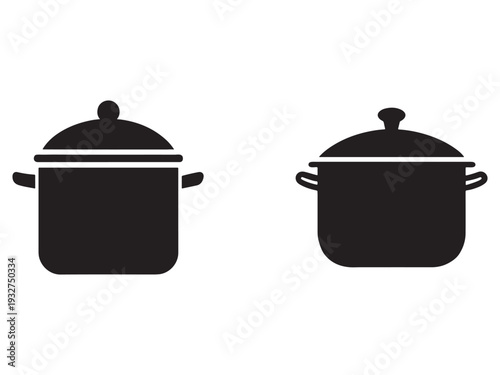 Two black silhouettes of covered pots with handles on a white background for cooking and kitchen concepts