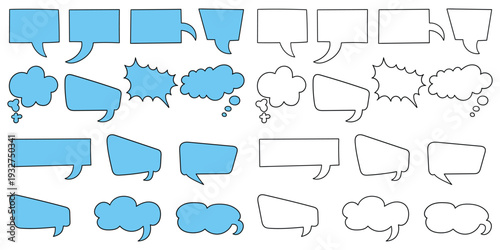Hand-drawn cartoon and doodle set of speech bubbles on a white background.