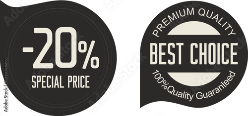 A black and white image of two labels with special offers