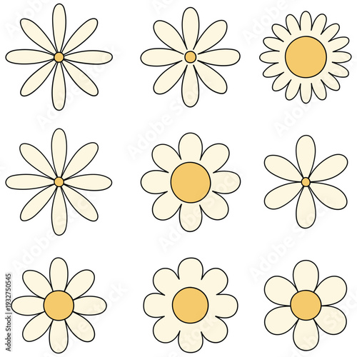 Hand-drawn cartoon set of chamomile daisy flowers on a white background.