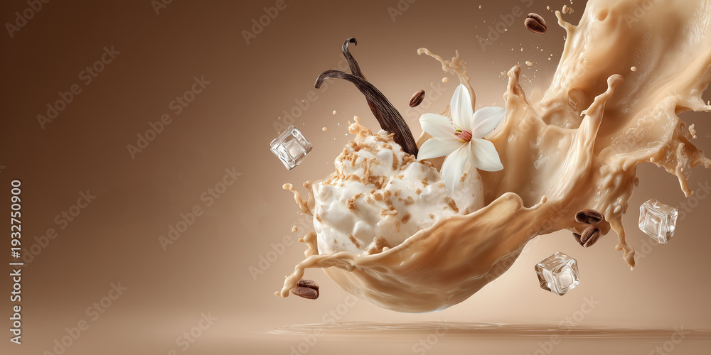Fototapeta premium Iced coffee latte with cream splash, coffee beans, hazelnuts, chocolate chunks and ice cubes, perfect indulgent cafe drink illustration.