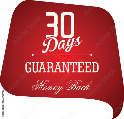 A red speech bubble with a 30 day guaranteed money back offer