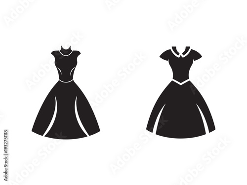 Two black silhouettes of womens dresses with white accents on white background  fashion design elements