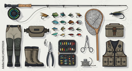Fly fishing gear assortment arranged on a flat surface, ready for angling adventures.