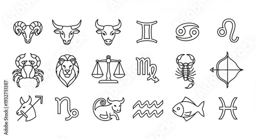 Zodiac signs illustration, a collection of astrological symbols in a linear style, black and white.