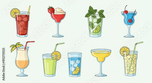 Collection of colorful and refreshing alcoholic cocktails with various garnishes and decorations.