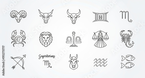 Zodiac signs arranged in a grid, representing astrological symbols and concepts.