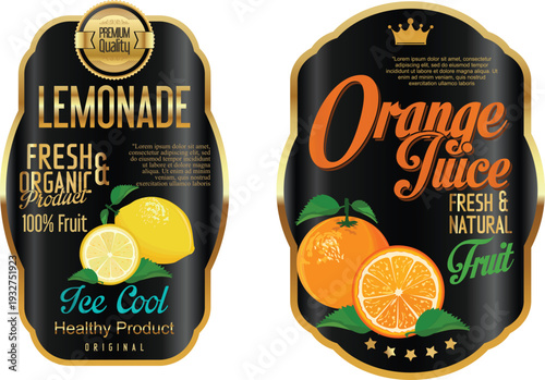 Labels for organic lemonade and orange juice bottles