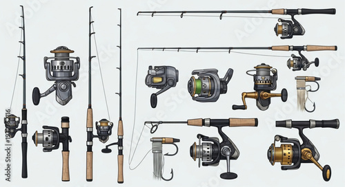 Collection of fishing rods and reels, various sizes and designs, ready for angling adventures.