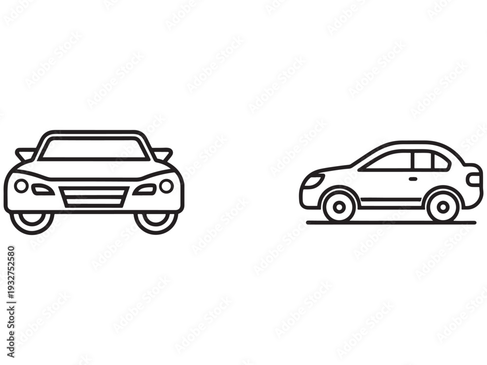 Obraz premium Two cars in different views front and side simple line art style for icons or infographics