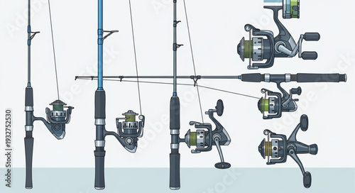 Various fishing rods and reels displayed against a neutral background.