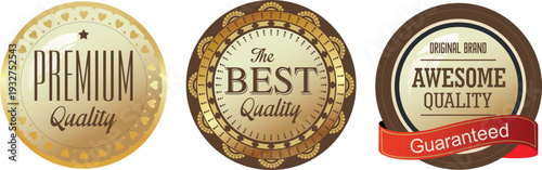 Three gold quality guarantee badges on a white background