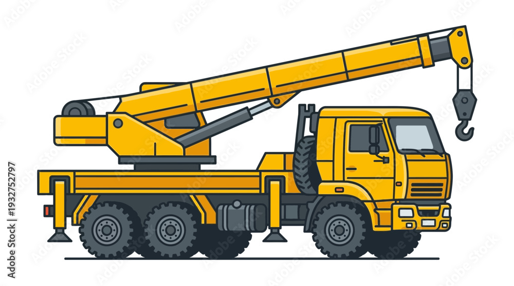 Obraz premium Yellow mobile crane truck with extended boom and hook, isolated on white background.